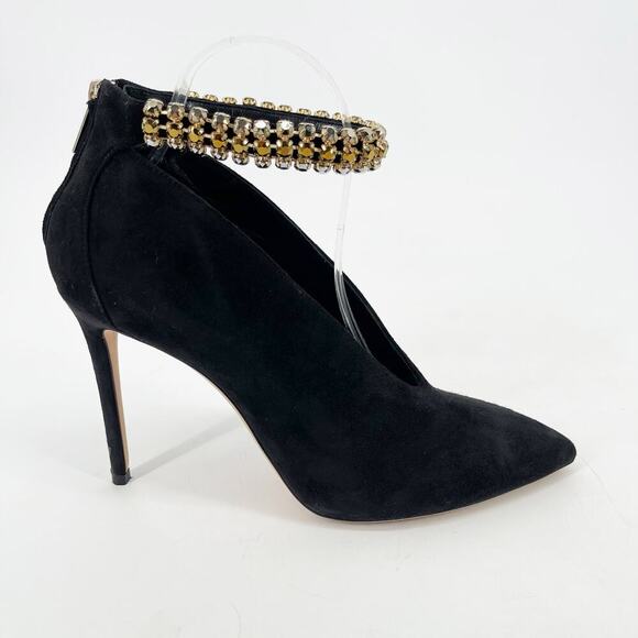 Jimmy Choo Lux 100 Black Suede Gold Crystal Ankle Strap Vamp Booties size IT 40 - Picture 2 of 11